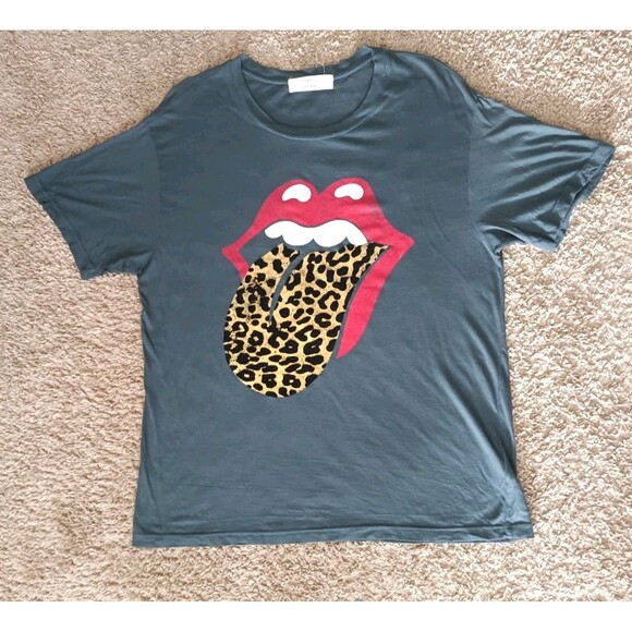 FREE PEOPLE Daydreamer ROLLING STONES Leopard  Tongue Tee Women's Medium Gray - Picture 1 of 7